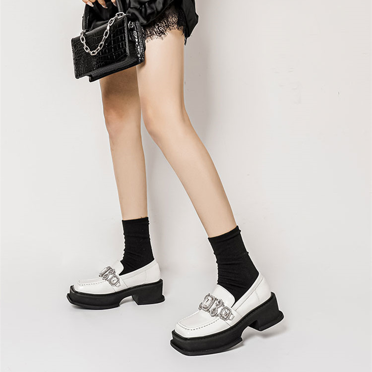 Rhinestone Lok Fu Square Toe Chunky Heel Shoes