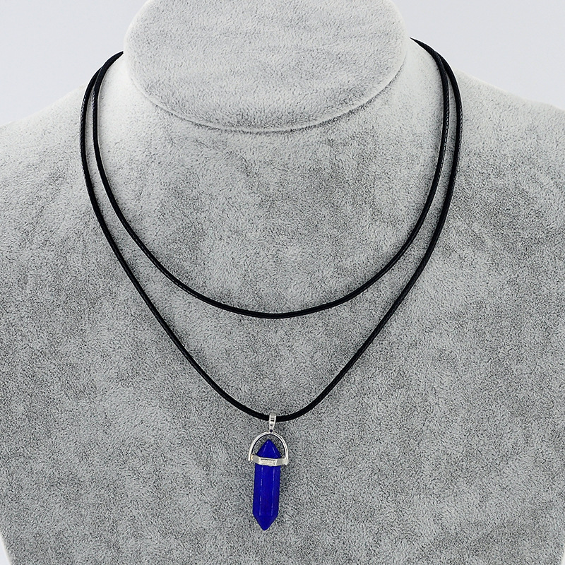 Natural Stone Pendant Double Leather Rope Crystal Hexagonal Column Necklace Dark Blue - Shop at LoveMi
