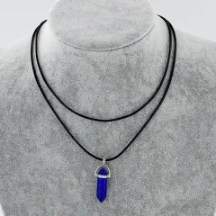 Natural Stone Pendant Double Leather Rope Crystal Hexagonal Column Necklace - Dark Blue - View 1