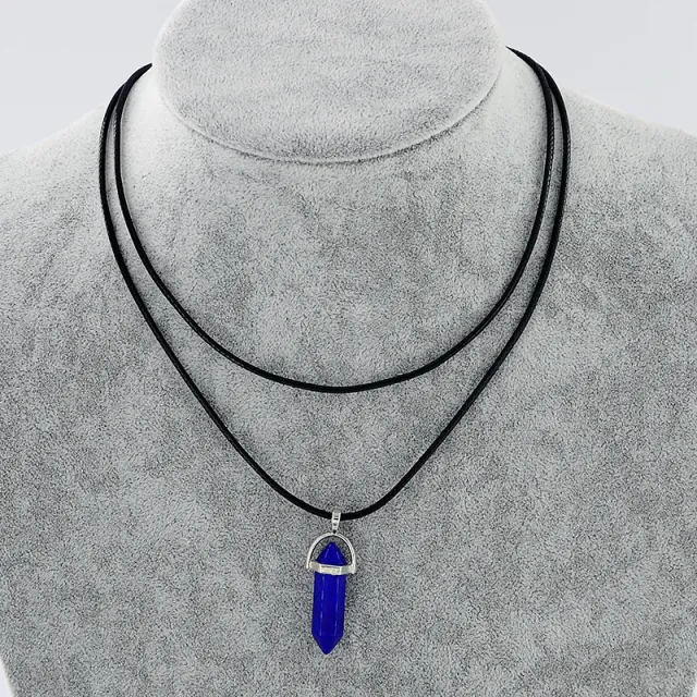Natural Stone Pendant Double Leather Rope Crystal Hexagonal Column Necklace Dark Blue - Shop at LoveMi