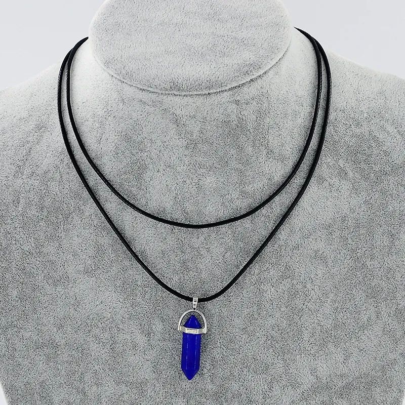 Natural Stone Pendant Double Leather Rope Crystal Hexagonal Column Necklace - Dark Blue