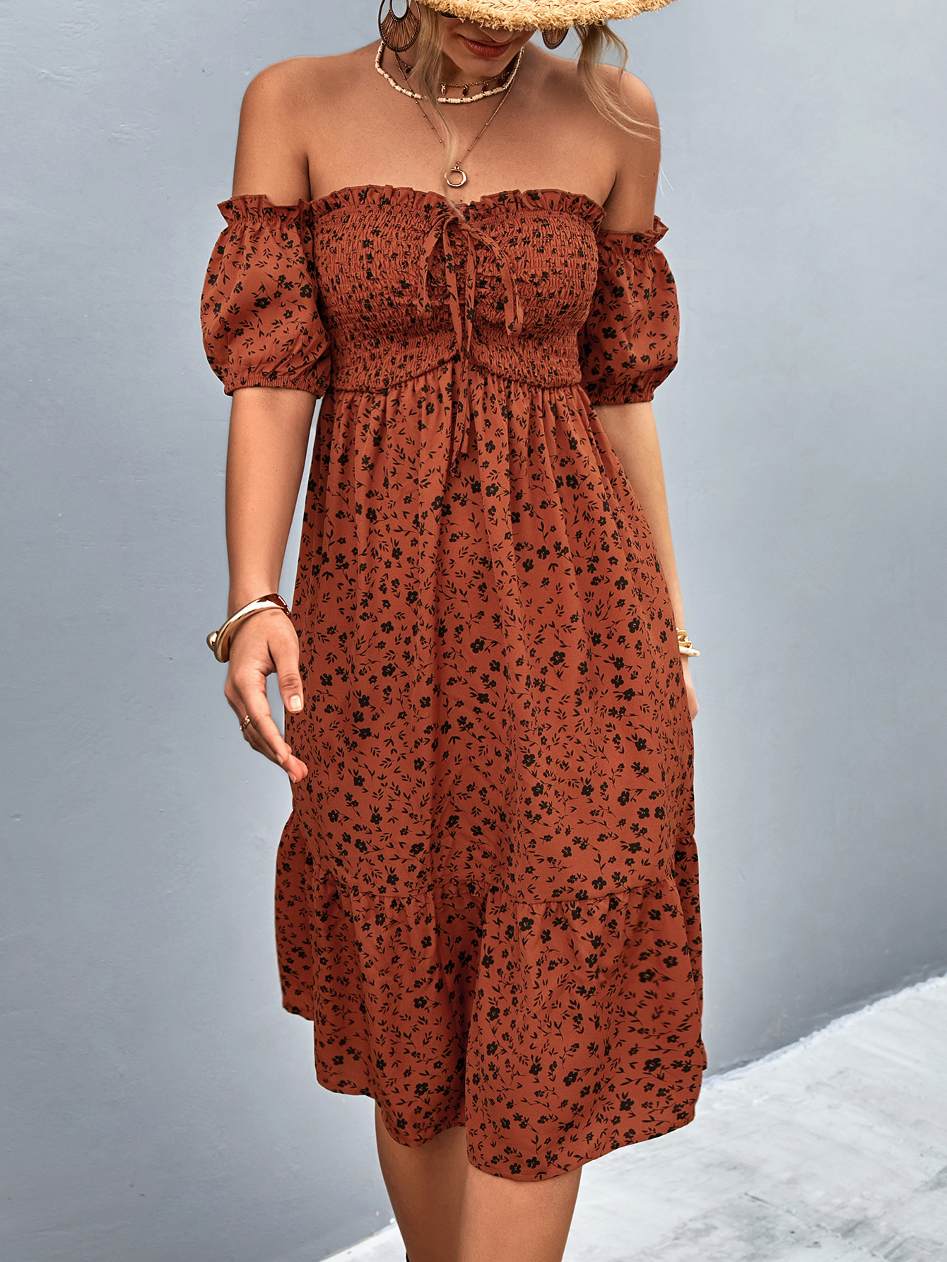 European And American Fashion Ladies New Smocking Ruffled Solid Color Dress