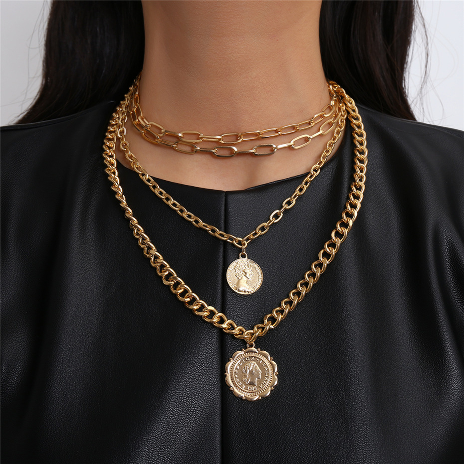 Fashionable Ladies Multi-layer Medal Pendant Necklace