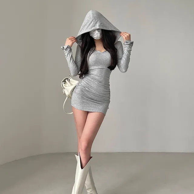 Hooded Long Sleeve Bottom Dress Grey - Shop at LoveMi