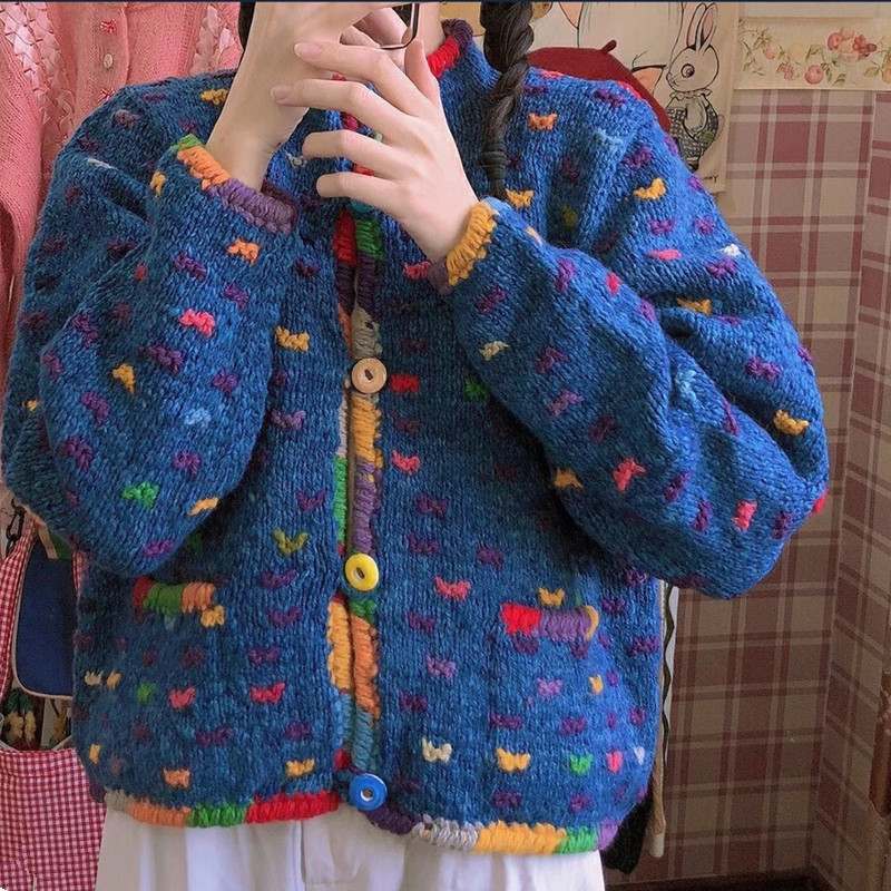 Women's Loose Blue Embroidered Knit Cardigan Jacket