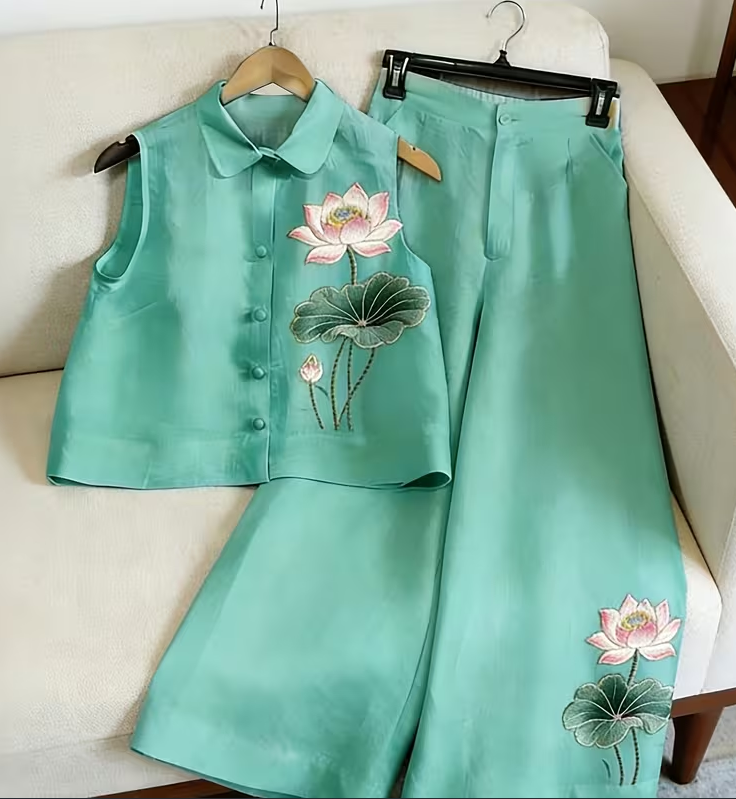 Women's American Retro Style Sleeveless Wide-Leg Pants Two-Piece Set