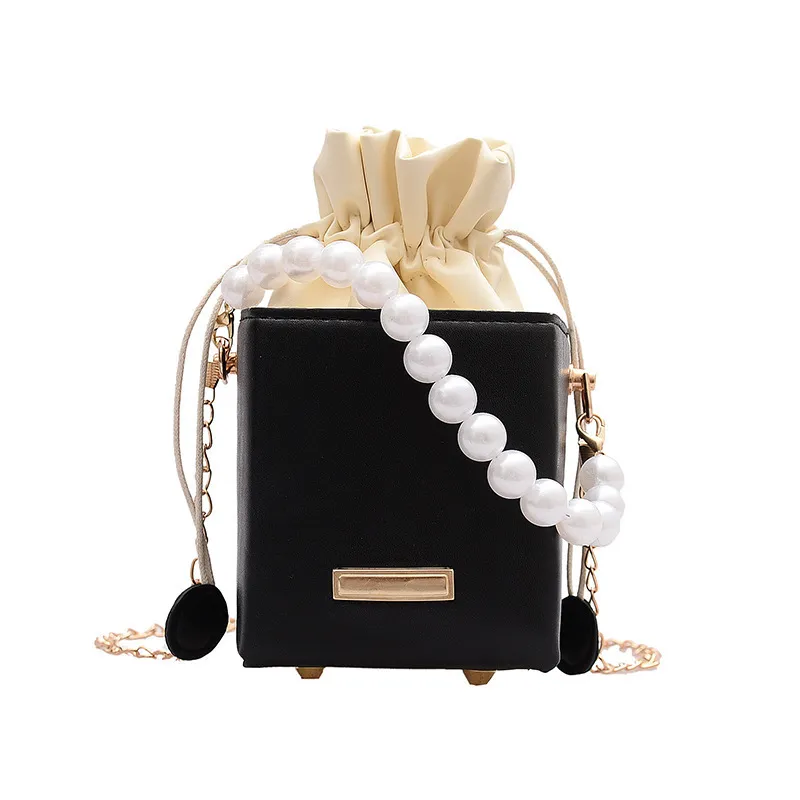Drawstring Messenger Bag Box Chain Fashion Shoulder Bag - Black