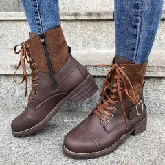 Lace-up Boots Winter Buckle Cowboy Boots Women Low Heel Shoes - Coffee - View 1