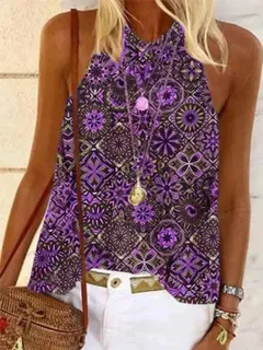 New Ladies Summer Sling Round Neck Loose-fitting European And American Printed Camisole - Purple - View 1