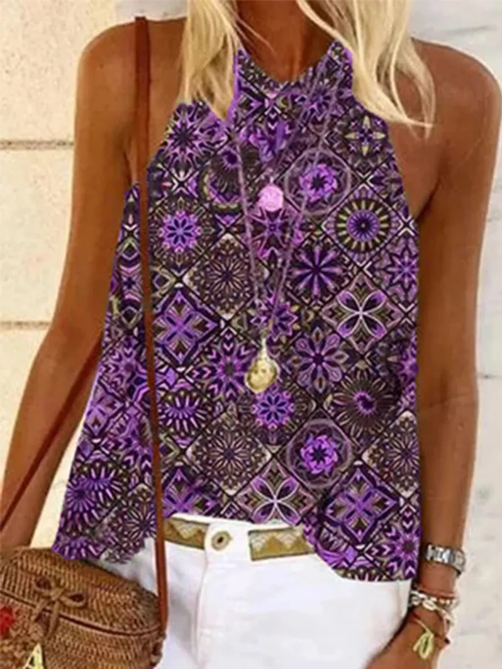 New Ladies Summer Sling Round Neck Loose-fitting European And American Printed Camisole - Purple