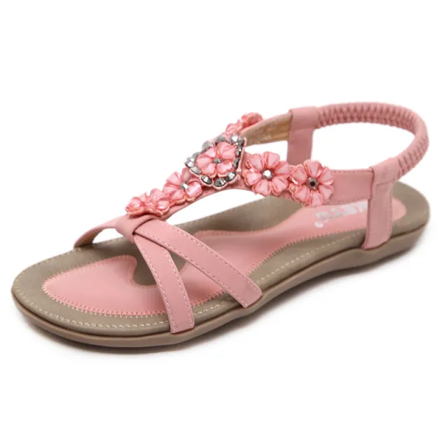 Sandals Women's Bohemian Flowers Rhinestone Flats Beach Shoes Pink - Shop at LoveMi