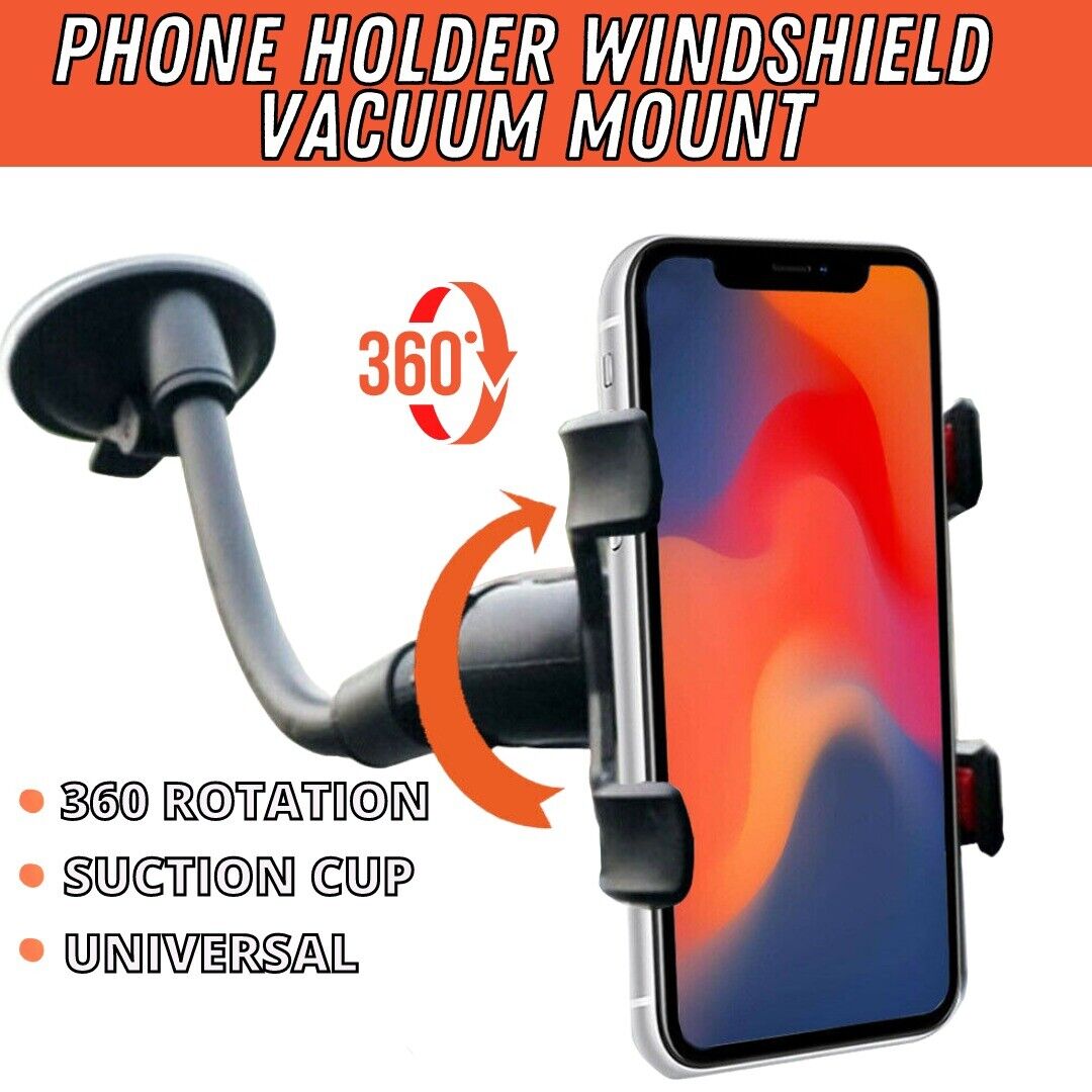 Adjustable car phone holder with 360° rotation and strong suction for windshield. Fits devices up to 3.54 inches wide. Durable arm with 360° rotation. No glue suction cup design. Made for car windshields only.