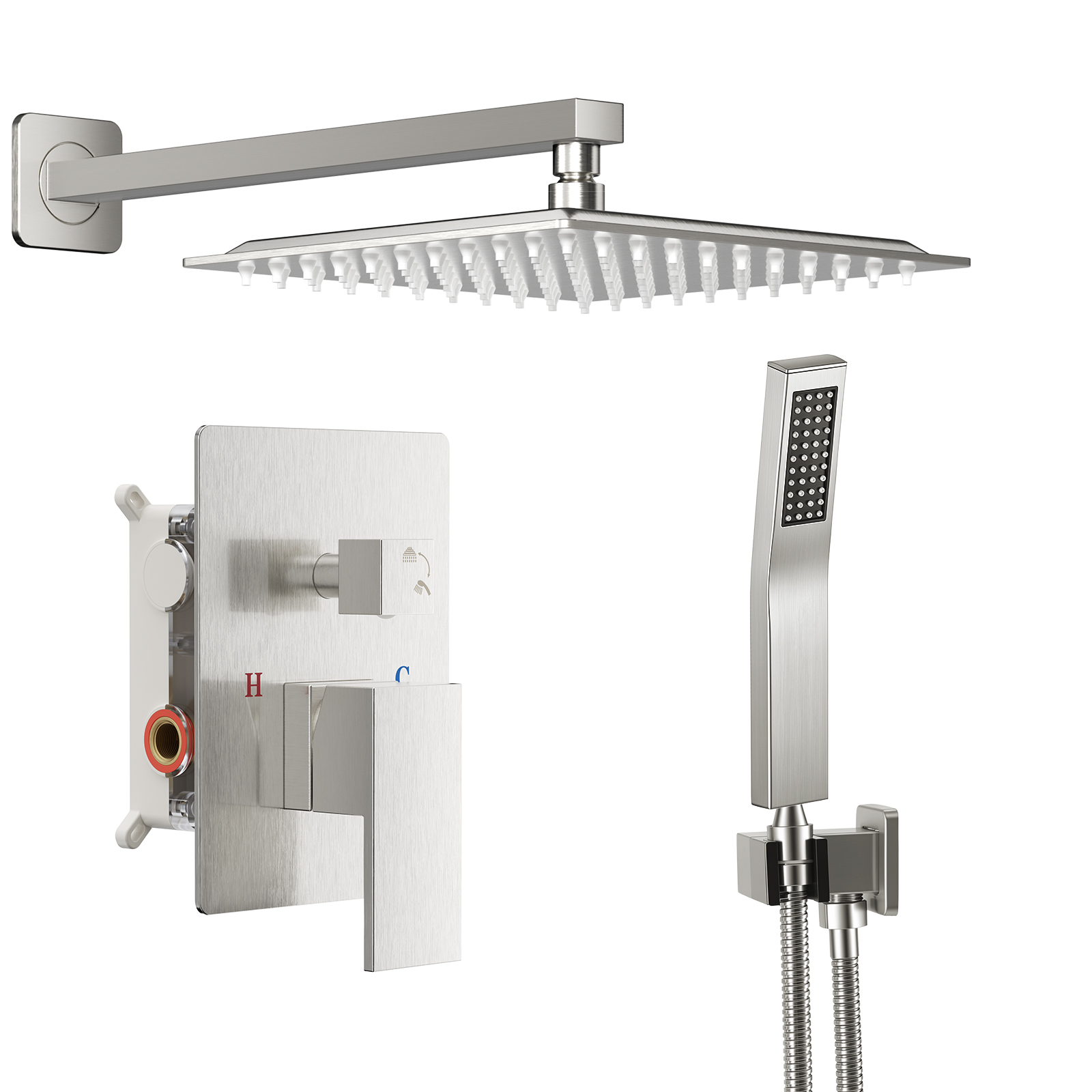 Wall-mounted Shower Faucet Set - 10-inch Square Overhead Spray - Handheld Shower Head With Pressure Balance And Temperature Control Valve image 10