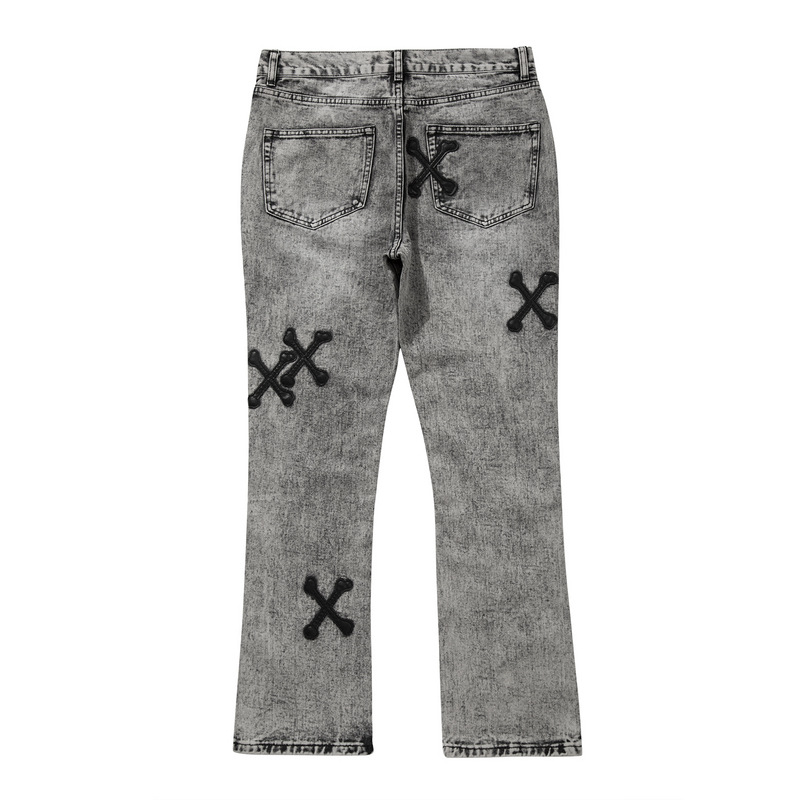 High Street Cross Bone Patch Skin Washed Gray Slim fit Jeans Gray - Shop at LoveMi