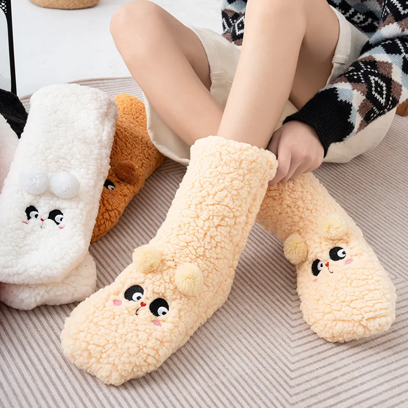 Thickened Winter Fuzzy Socks Women Warm Home Slipper Solid Color Socks Girl Cute Christmas Gift Female Funny Sleep Floor Socks - Beige