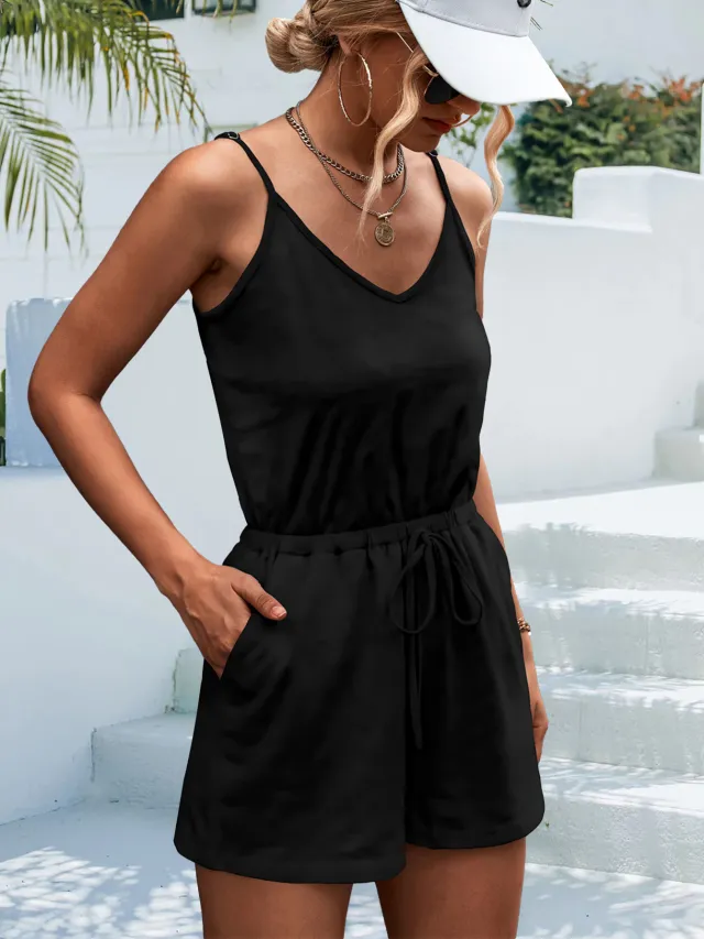 Summer New Solid Color And V neck Loose Casual Sling Jumpsuit Black - Shop at LoveMi