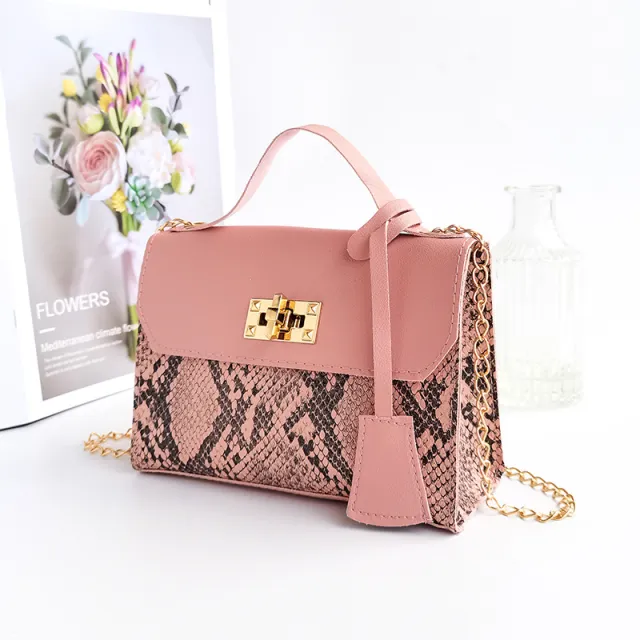 Serpentine Color Contrast Lock Chain Platinum Square Bag Pink - Shop at LoveMi