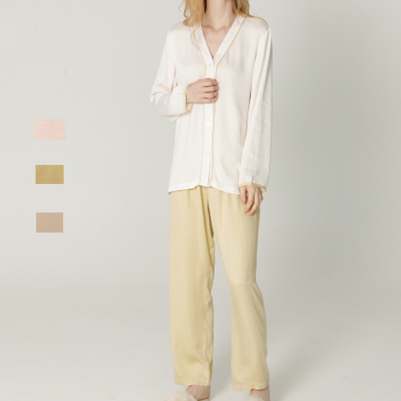 Solid Color Vneck Design Satin Temperament Loose And Simple Longsleeved Suit Pajamas