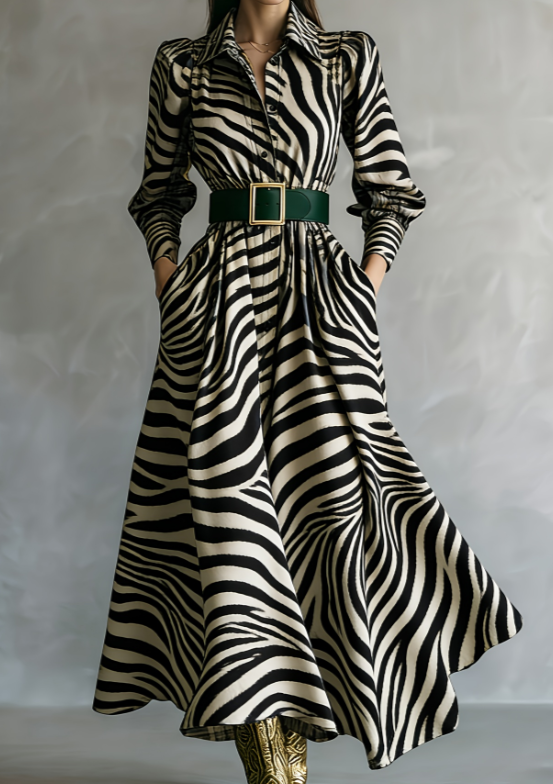 Waist-cinching Shirt Collar Casual Long Dress