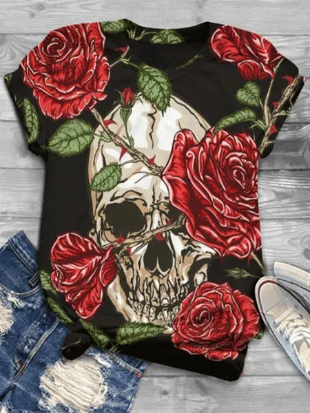 European And American Animal Printed Short Sleeved T shirt Black Rose Skull - Shop at LoveMi