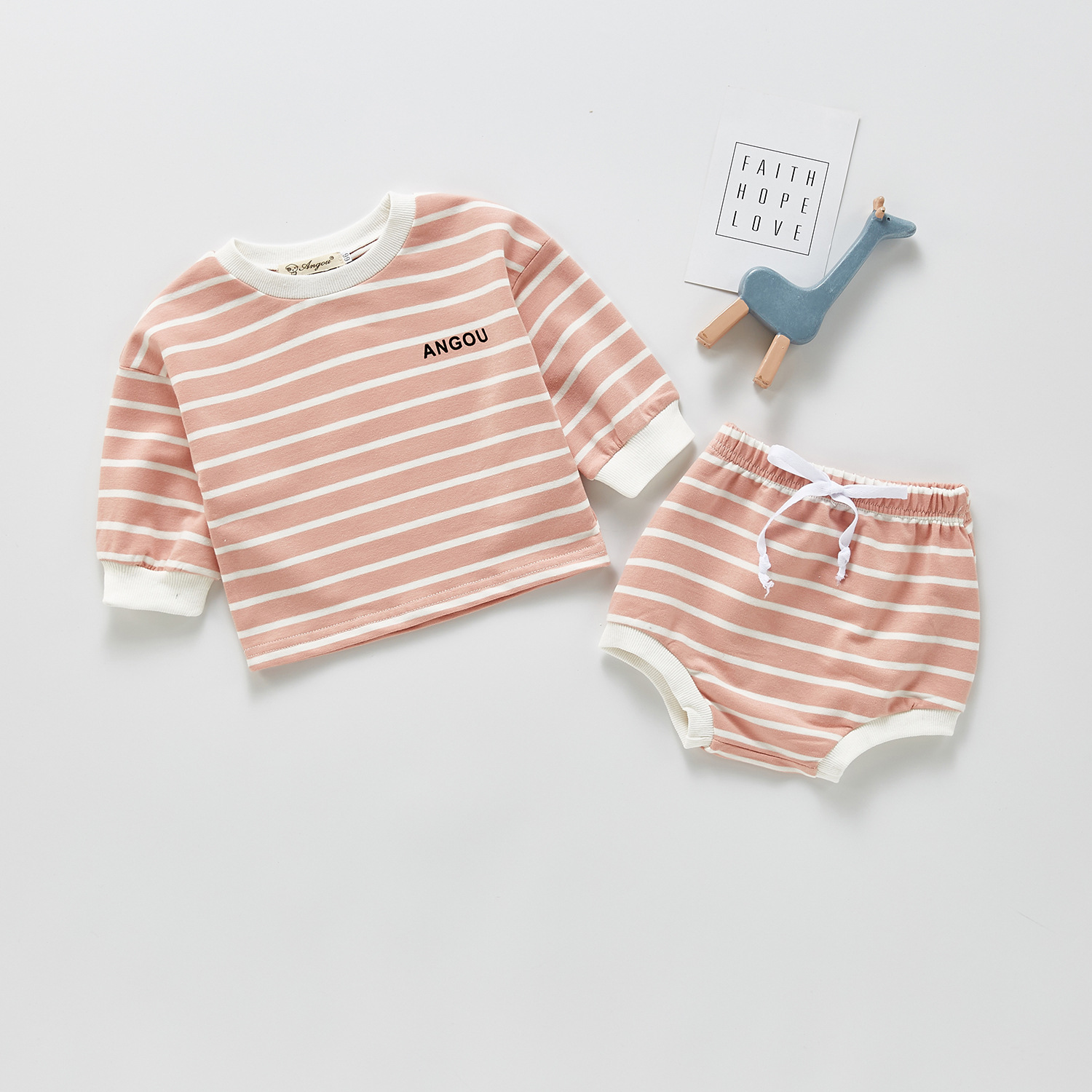 Treasure Long-sleeved Striped Top And Shorts Two-piece Set