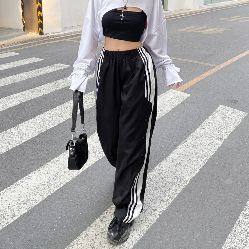 Women's New Side Seam White Stripe Color Matching Loose High-waist Casual Pants