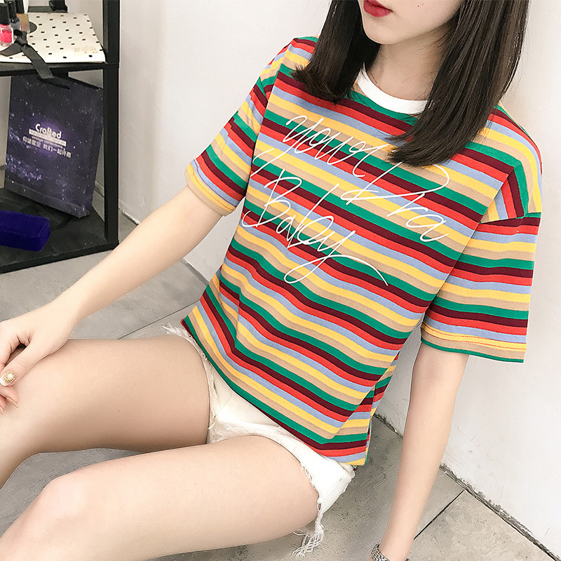 Fashion Rainbow Striped T-Shirt Women's Short Sleeve Top Casual Slim Fit