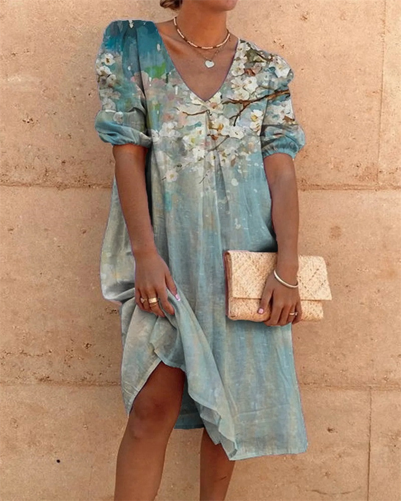 Puff Sleeve Cotton And Linen Solid Color V-Neck Dress Multicolor