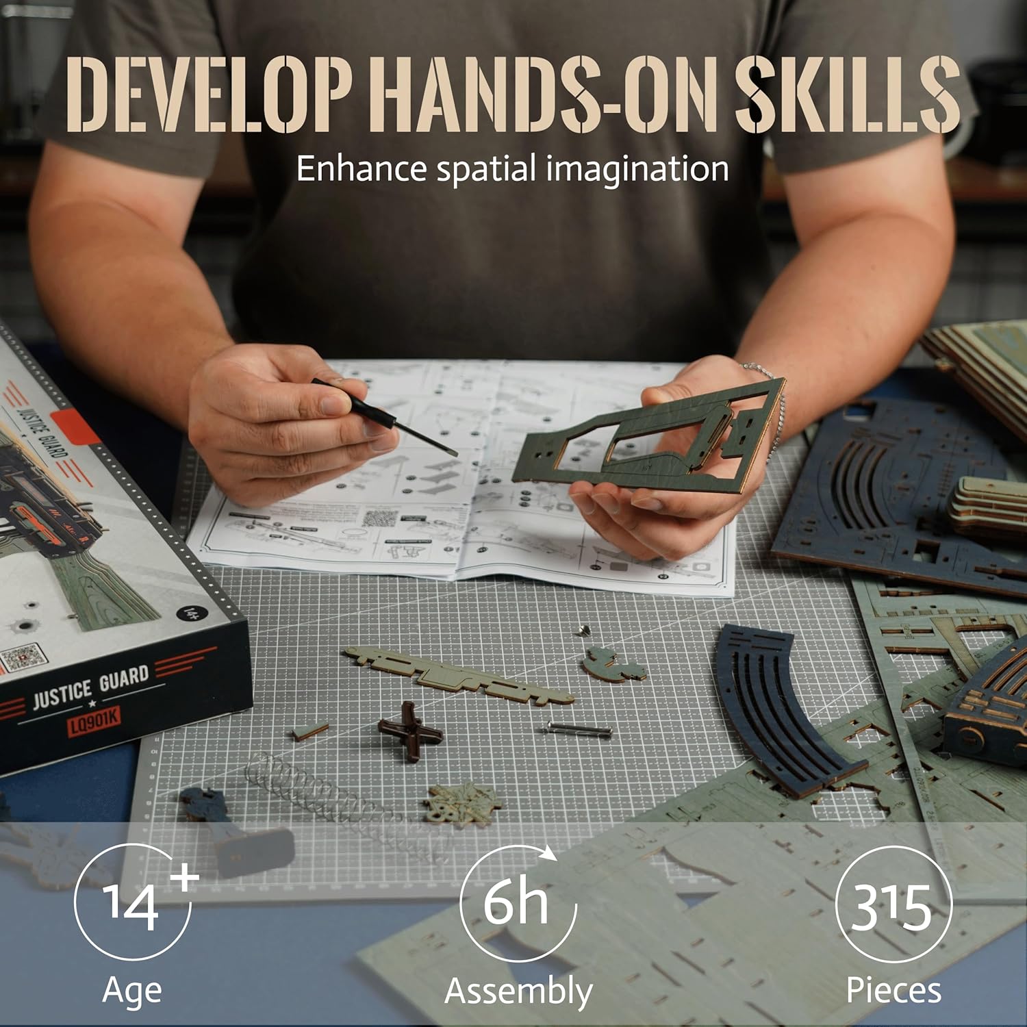 ROKR AK47 Wooden Rifle Model Toy - 315 Pieces, DIY Rubber Band Gun, 3D Puzzle, Wooden Model Building Kit, Single,burst Mode, Premium Collector's Edition Model Kit For Adults And Teenagers