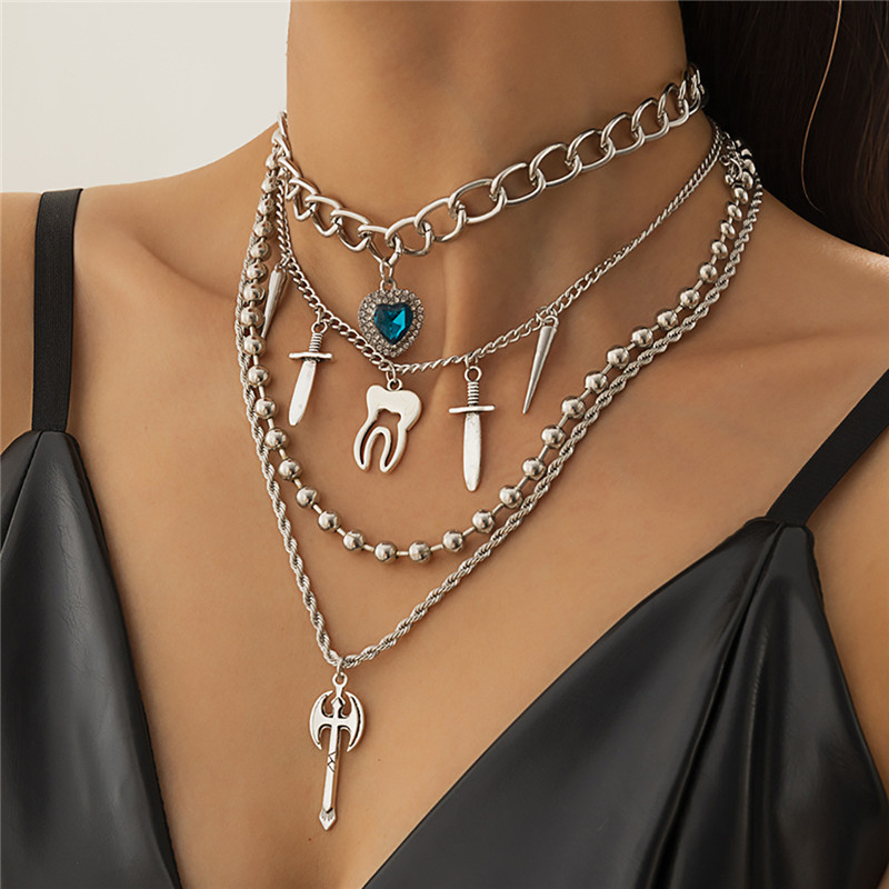 European And American Punk Style Metal Chain Necklace With Diamonds And Gems