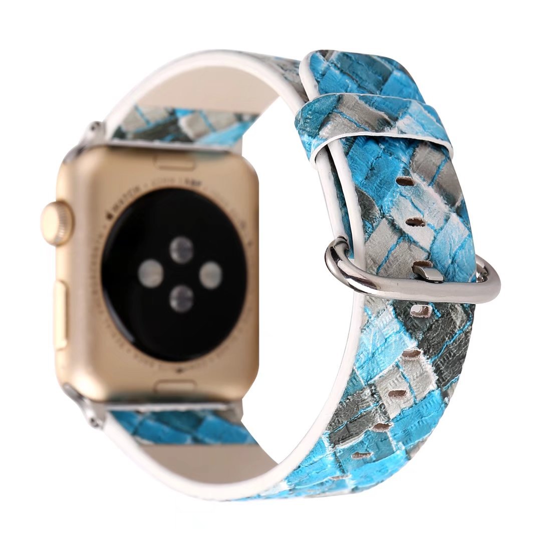 Close-up view of genuine leather texture and diamond check detail on watch band