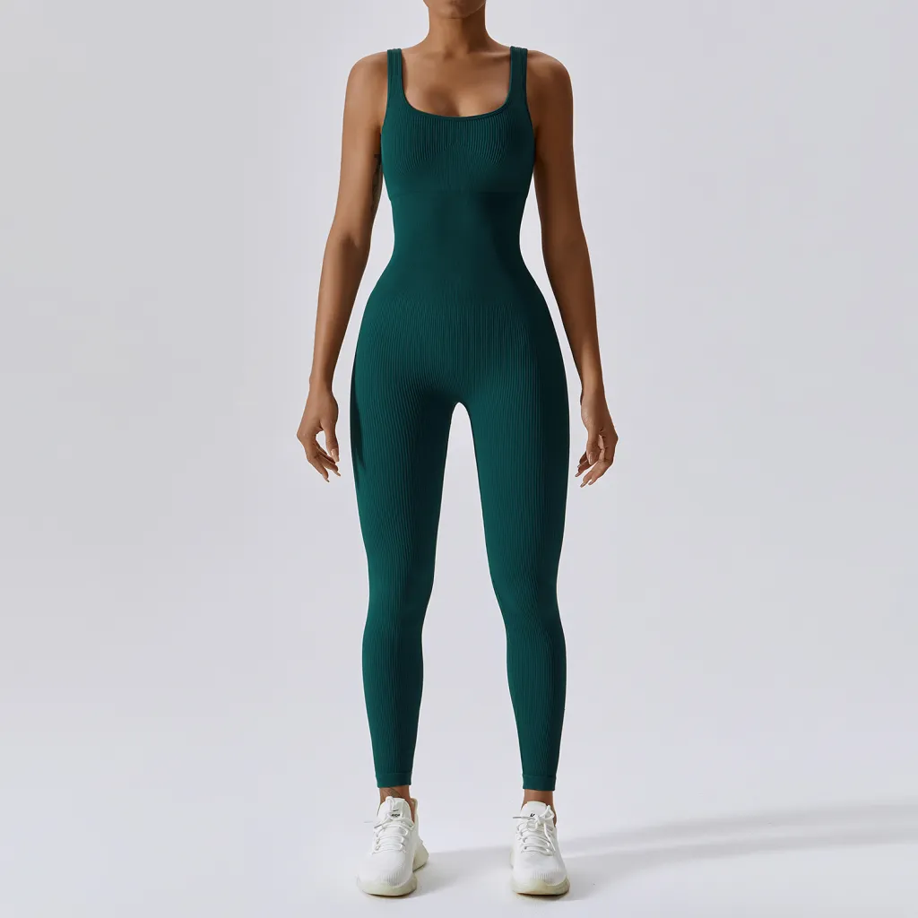 One-piece Yoga Suit Abdominal Slimming Exercise Elastic Tight - Dark Green