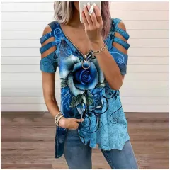 Women's Printed Short Sleeve Off Shoulder V Neck Casual Loose T-Shirt - Light Blue - View 1