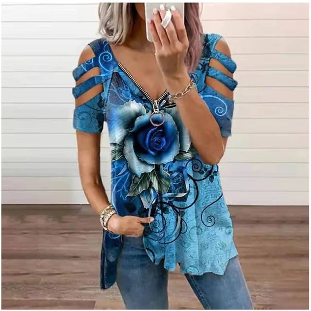 Women's Printed Short Sleeve Off Shoulder V Neck Casual Loose T Shirt Light Blue - Shop at LoveMi