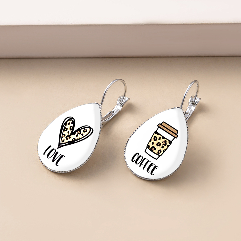 Funny Love Coffee Doodle Glass Dangle Earrings For Women