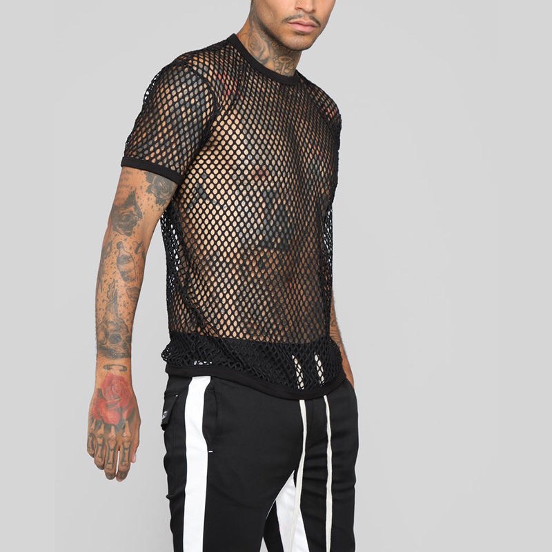 Title 5, See-through T-shirt Hollow Short Sleeve Grid