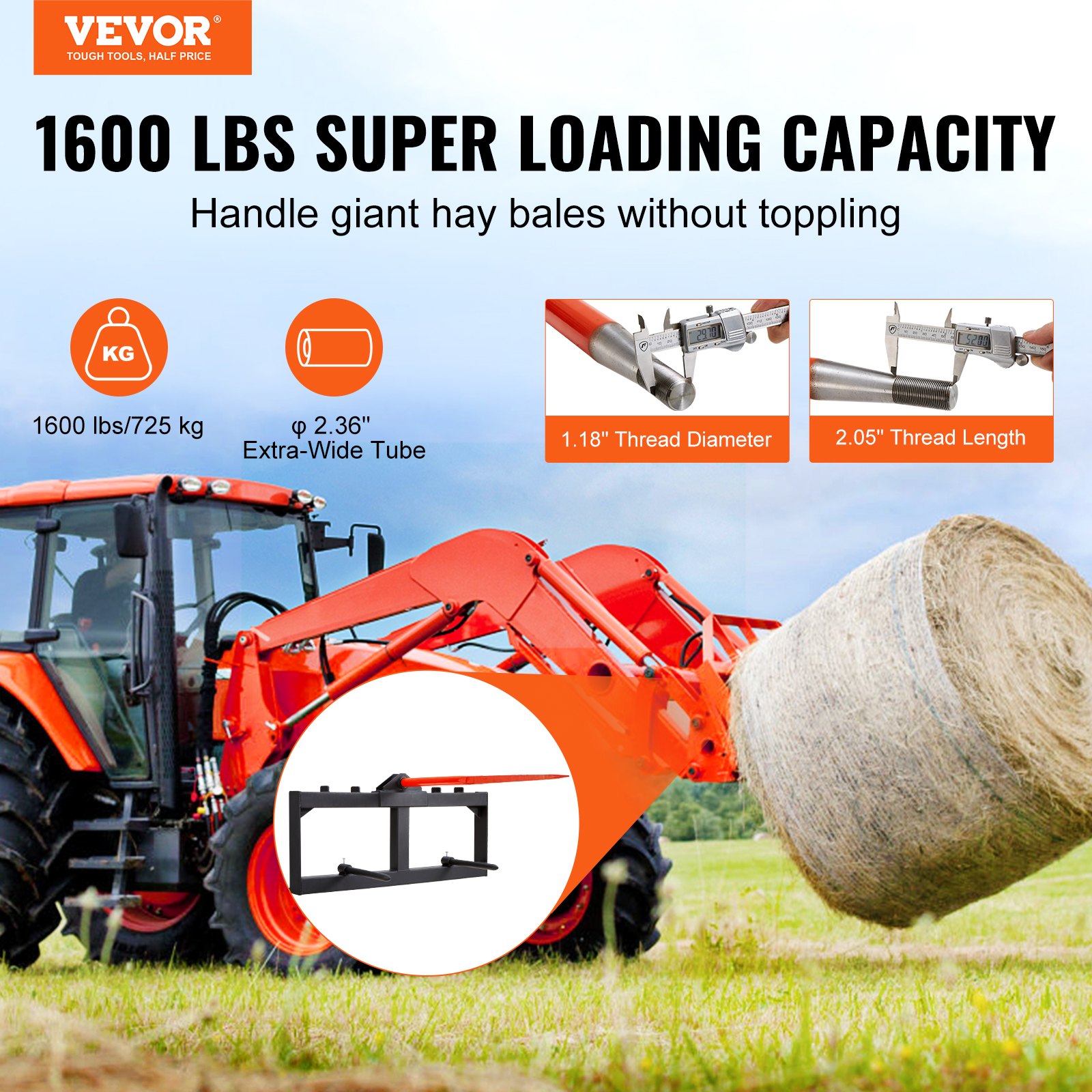 Hay Spear, Bale Spears 1600lbs Loading Capacity, Skid Steer Loader Tractor Attachment With... thumbnail 1