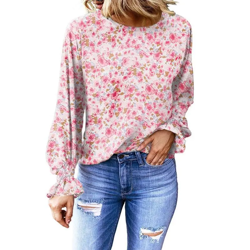Women's Floral Round Neck Shirt Women's Lantern Sleeve Shirt - Pink