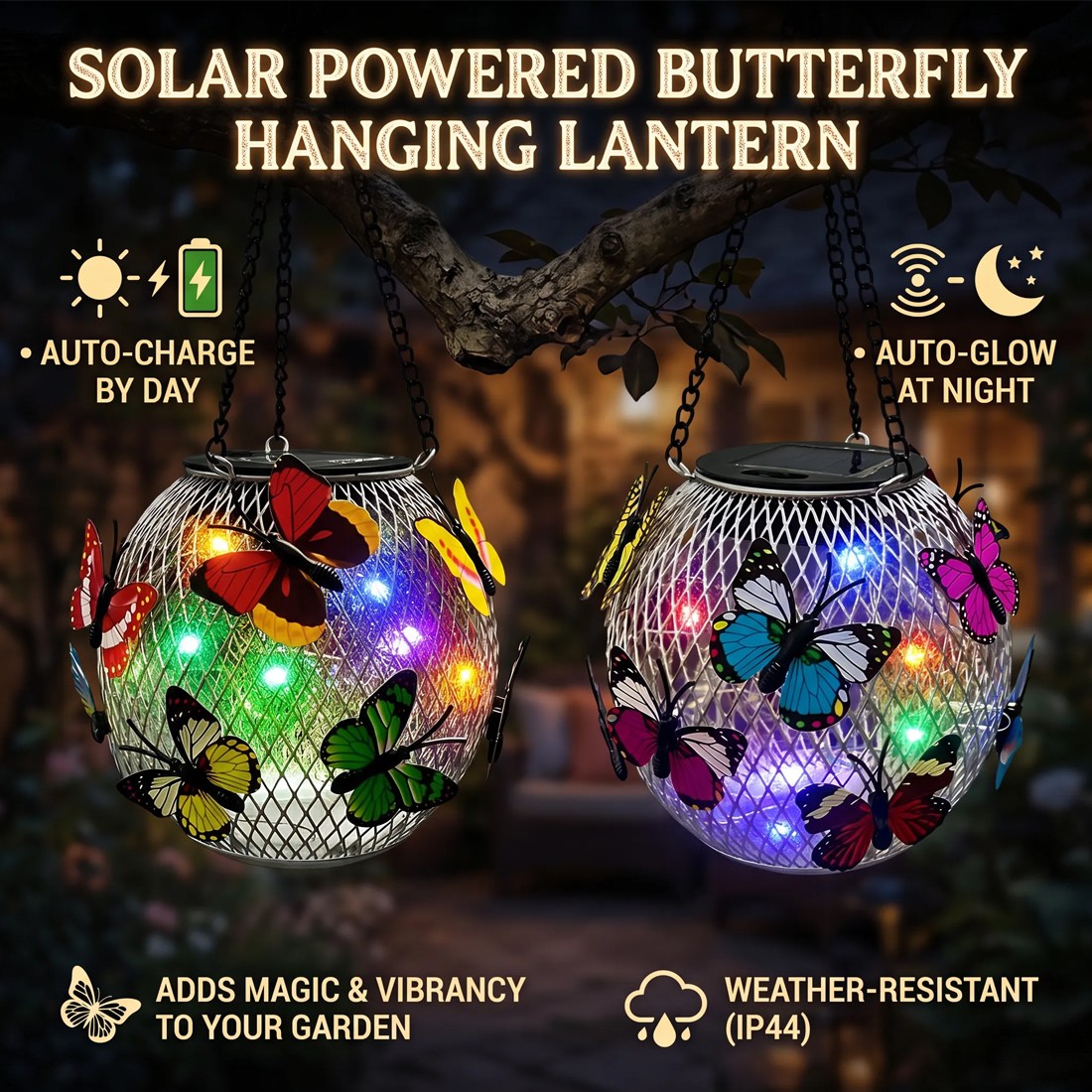 2pcs Hanging Butterfly Pendant Solar Power LED Light Mesh Orb Yard Garden Decor