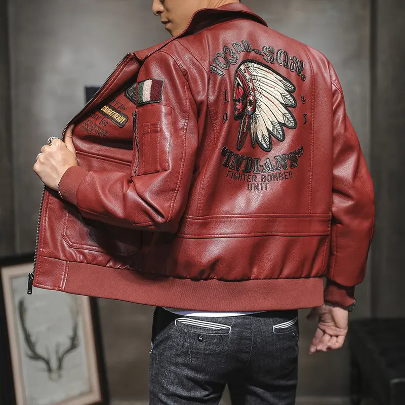 Men's Pu Leather Jacket Lapel Embroidery Motorcycle