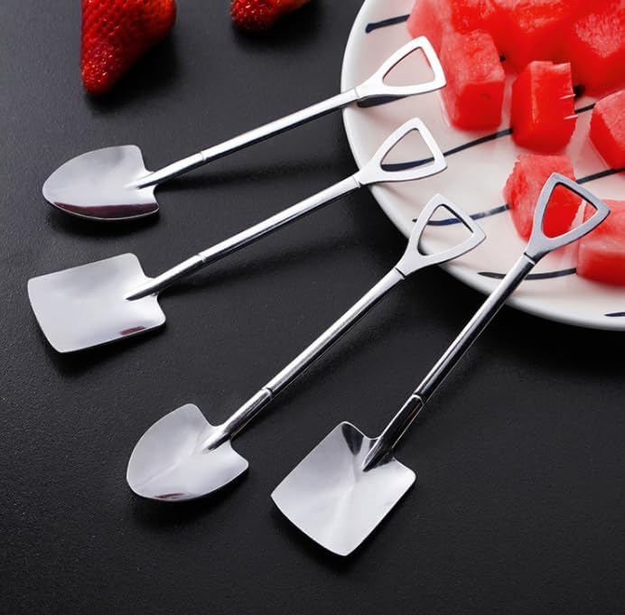 4-Piece Shovel Shape Dessert Spoon Set. The package comes with 4pcs dessert spoons, including 2pcs pointed shovel-shaped spoons pointed and 2pcs shovel shape spoons. Made of high-quality food-grade stainless steel, sturdy, durable and corrosion resistant.