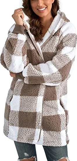 European And American Plush Women's Coat Long Sleeved Plaid - Khaki