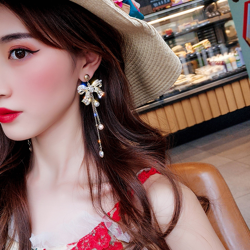 Bowknot Pearl Korean Temperament Tassel Earrings