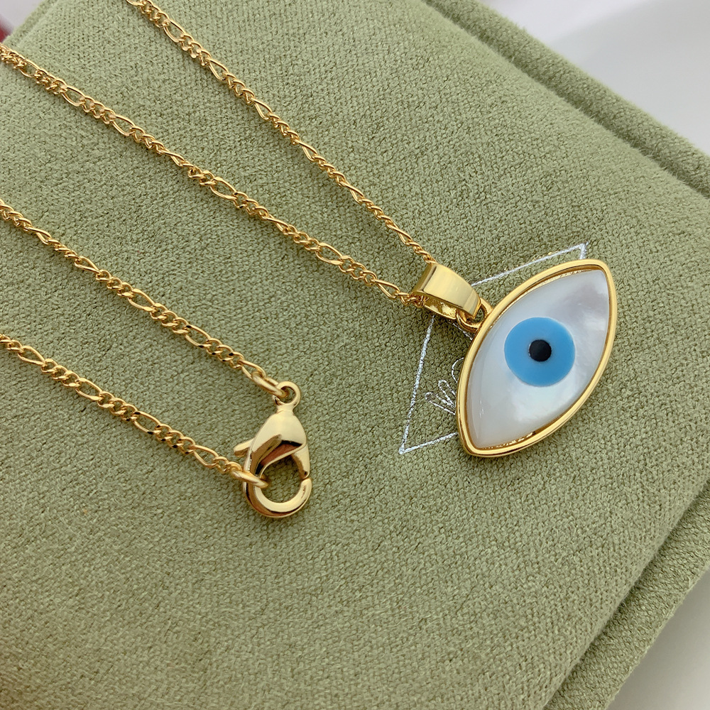 Figaro Chain Pearl Shell Oval Blue Evil Eye Pendant Necklace