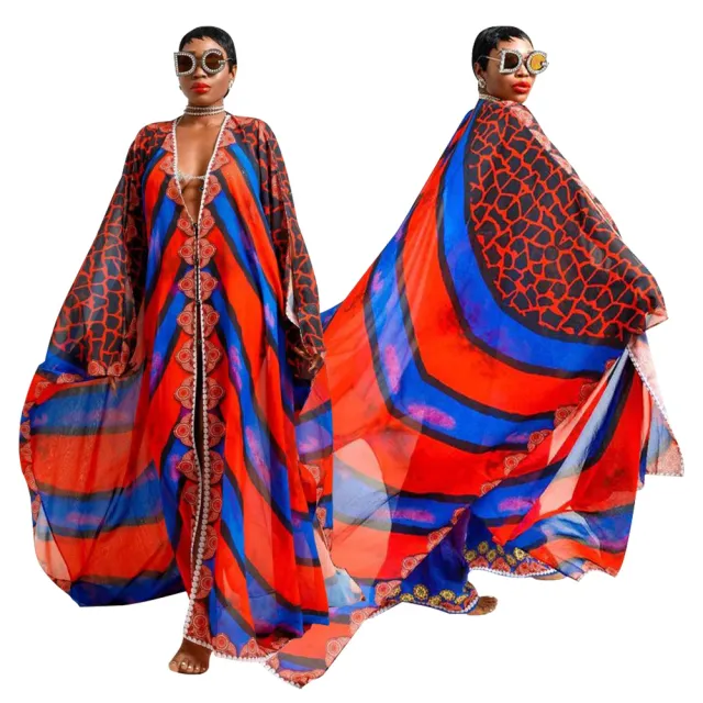 Women's V neck Casual Printed Jacket With Perspective Chiffon Shirt Blue Red Stripe - Shop at LoveMi