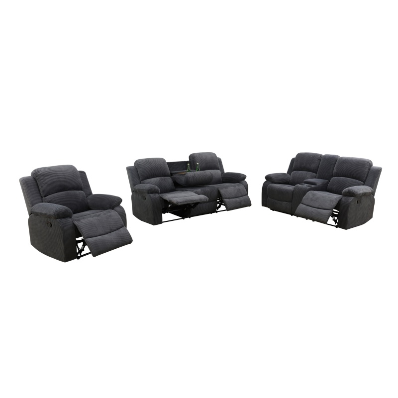 Pickup Only--Dark Grey Corduroy 3-Piece Living Room Recliner Sofa