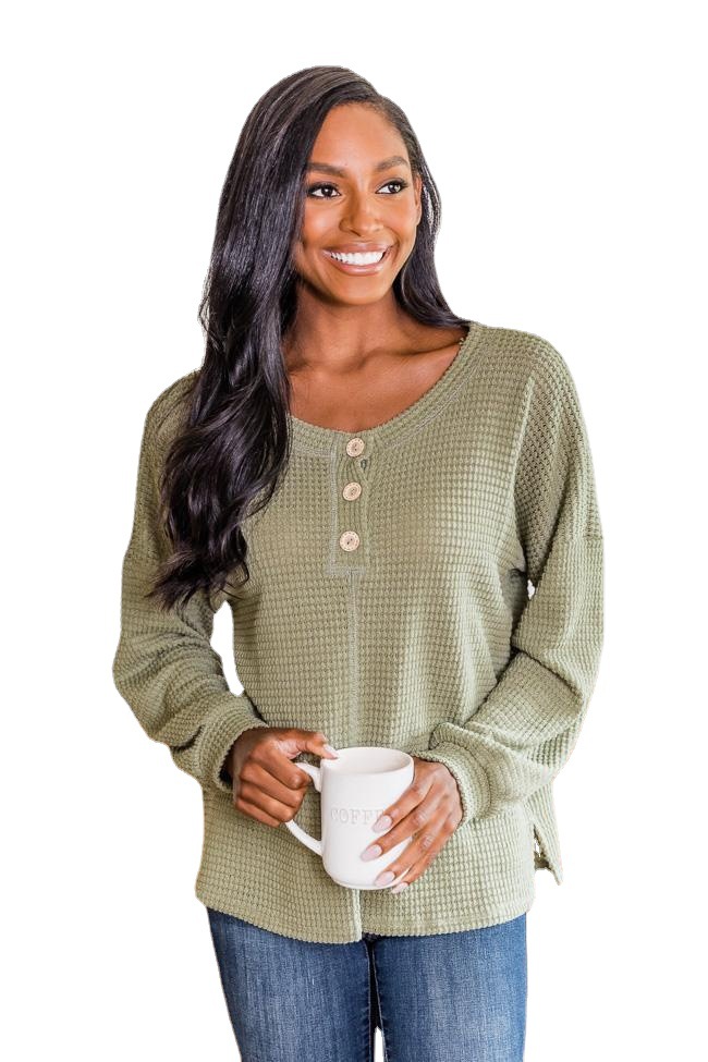 Ladies Fashion Round Neck Waffle Knit Pullover