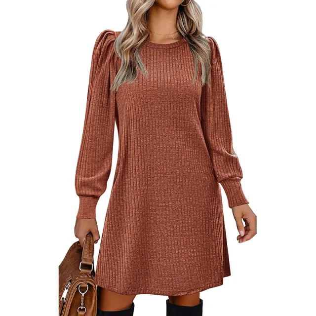 Women's Puff Sleeve Midi Dress Spring Fall Casual Long Sleeve Round Neck Dress Brownish Red - Shop at LoveMi