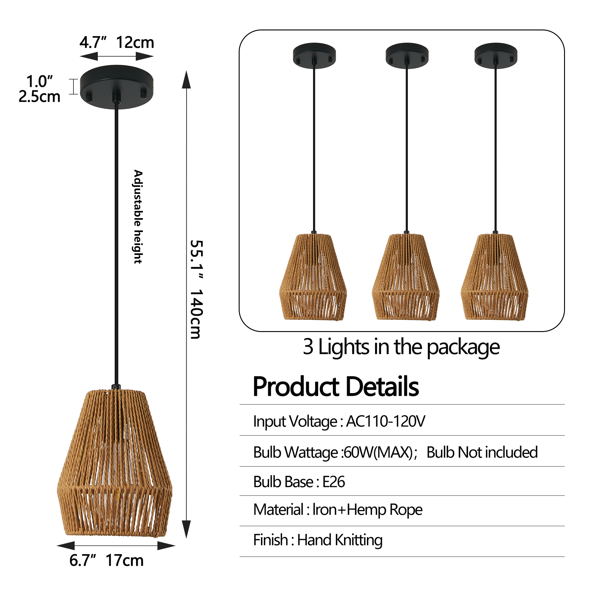 7inch Set Of 3 Rustic Hemp Rope Pendant Light, Handcrafted Farmhouse Hanging Light Fixture, Adjustable Height Ceiling Lamp For Kitchen Island, Dining Room,Or Living Room, Natural Woven Design