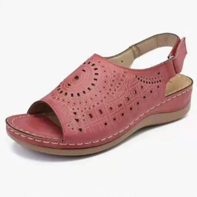 Plus Size Sandals Cutout Flat Heel Toe Buckle Vintage Red - Shop at LoveMi
